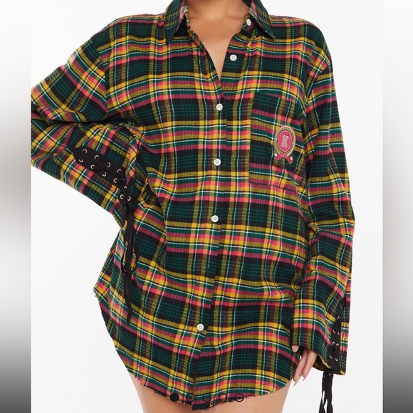 Fenty Tied Up Tartan PJ Raw Hem Sleep Shirt-size M NWT - Picture 1 of 5
